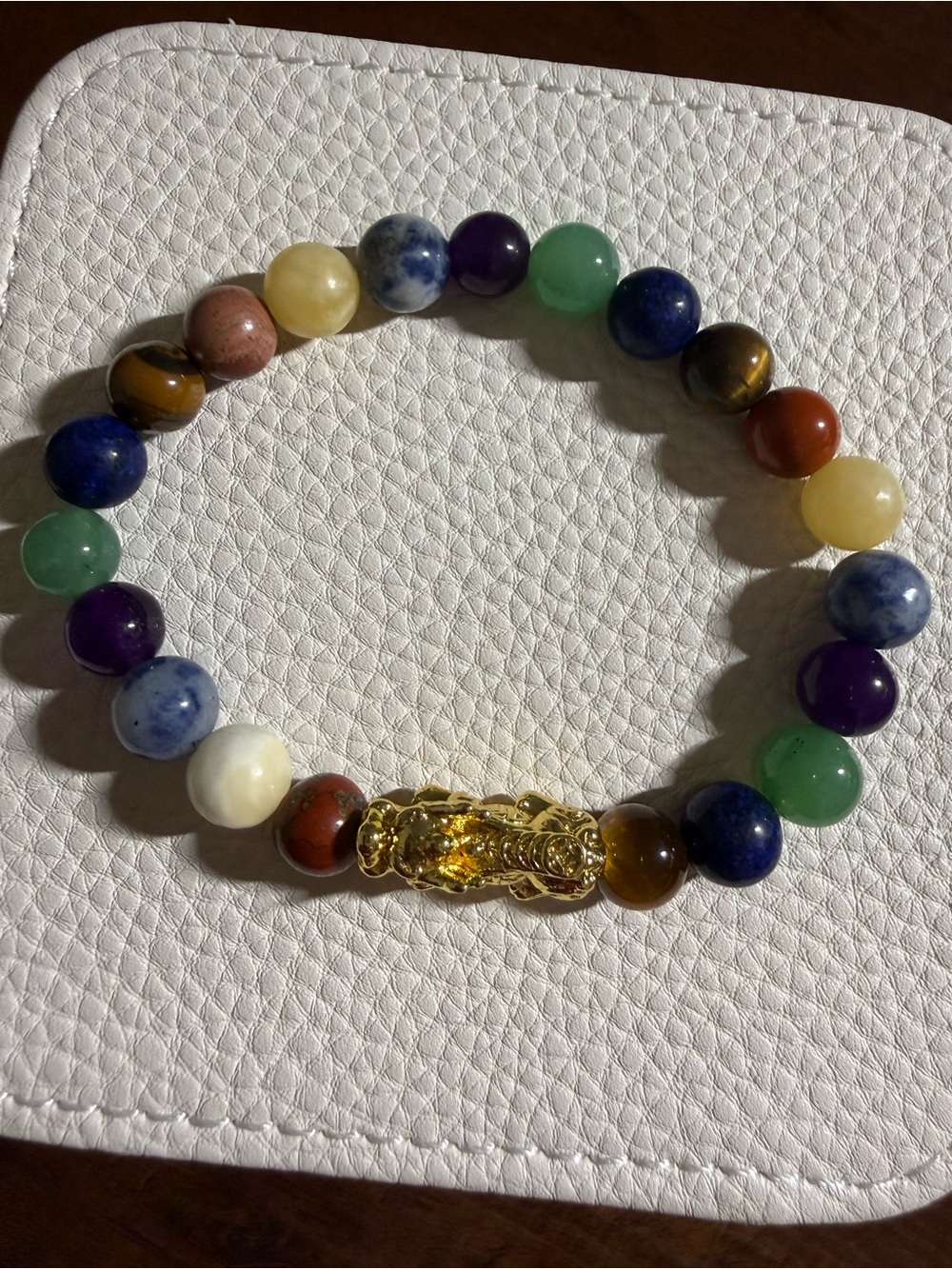7 Chakras Genuine Gemstones Stretch Bracelet with Gold Pixiu Accent NWT